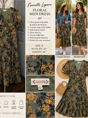 Nanette Lepore Olive Green Floral Midi Dress with Pink and Yellow Accents